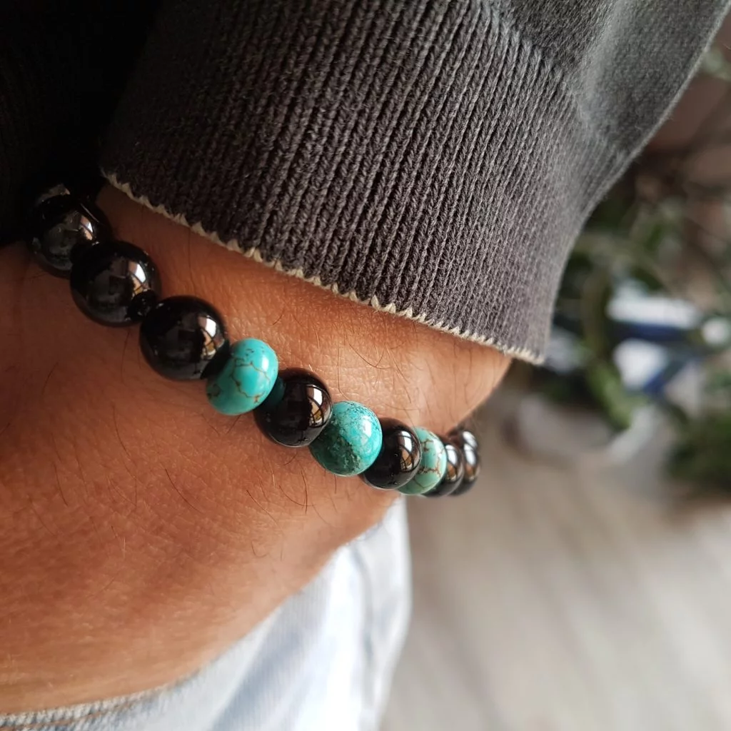 Bracelet Perle Noire pour Homme en Argent et Onyx Mat et Fil Élastique